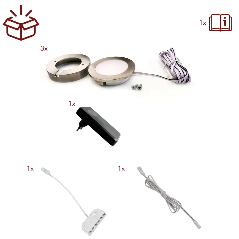 3er Set LED Einbauspot Unterbauspot Edelstahl gebürstet 12VDC 3 Watt Warmweiß 6,3 cm Ø Einbaustrahler für Möbel inkl. Aufsatzring