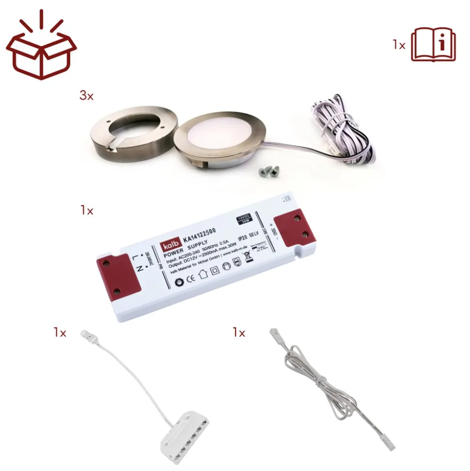 3er Set LED Einbauspot Unterbauspot Edelstahl gebürstet 12VDC 3 Watt Warmweiß 6,3 cm Ø Einbaustrahler für Möbel inkl. Aufsatzring