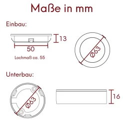 3er Set LED Einbauspot Unterbauspot Edelstahl gebürstet 12VDC 3 Watt Warmweiß 6,3 cm Ø Einbaustrahler für Möbel inkl. Aufsatzring