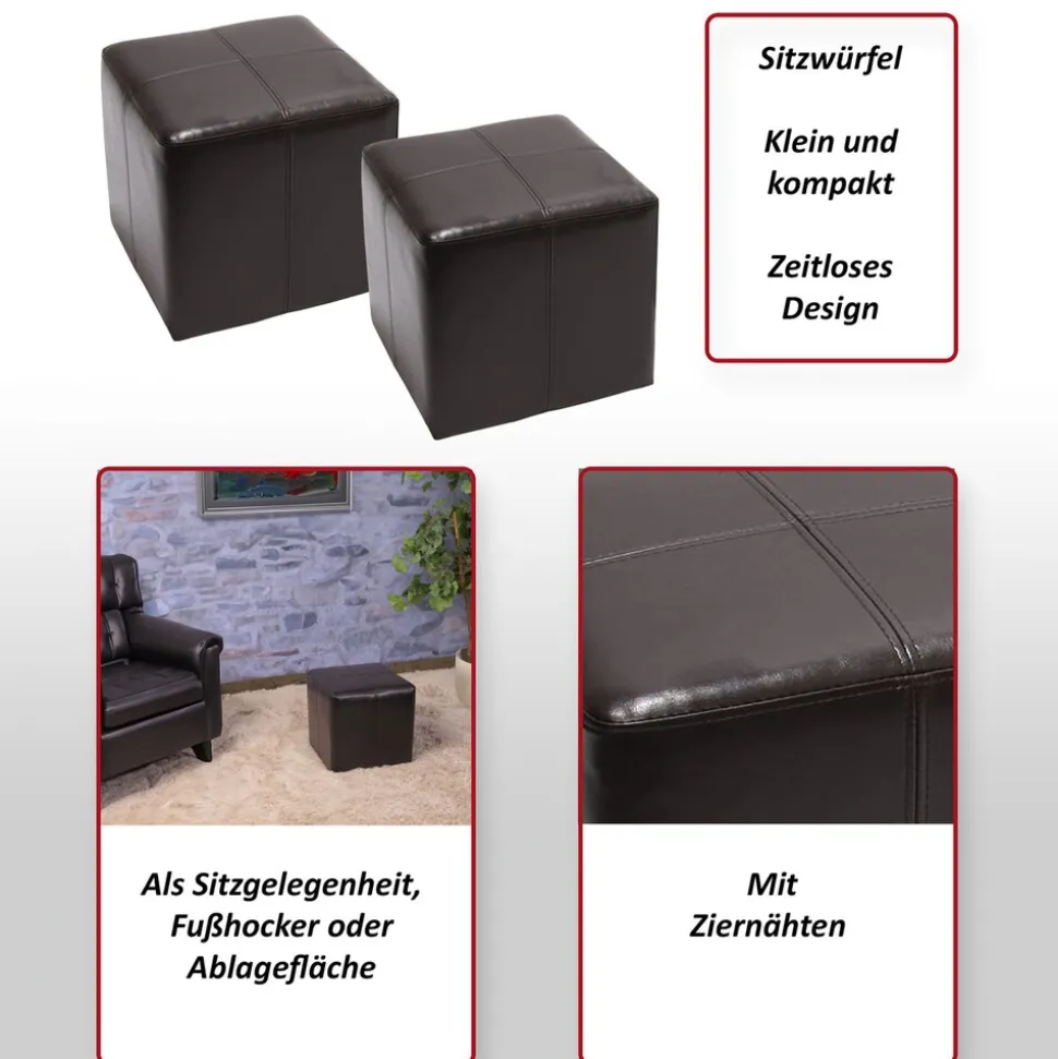 2er-Set Sitzhocker Carrara, Leder + Kunstleder, 36x36x36cm MVG-zertifiziert ~ braun