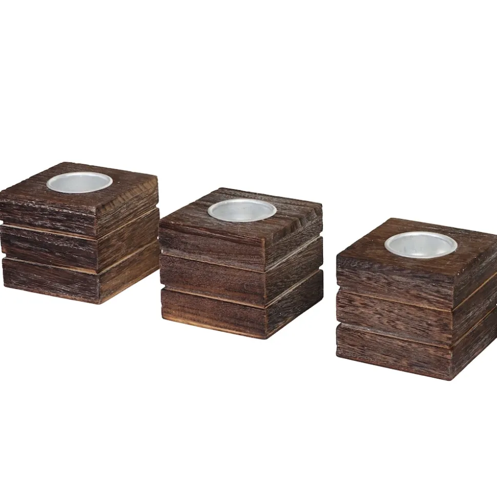 3er Set Teelichtständer Tolve, Teelichthalter, Shabby-Look Vintage 7x8x8cm ~ braun