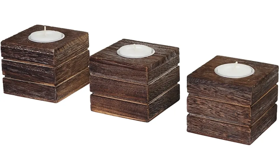 3er Set Teelichtständer Tolve, Teelichthalter, Shabby-Look Vintage 7x8x8cm ~ braun