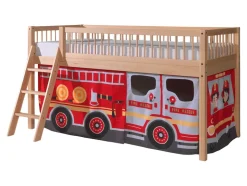 FAGUS halbhohes Bett 90 x 200 cm, inkl. Lattenrost, mit Textilset "FIRE RESCUE", Ausf. Buche massiv natur