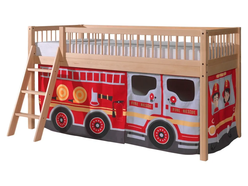 FAGUS halbhohes Bett 90 x 200 cm, inkl. Lattenrost, mit Textilset "FIRE RESCUE", Ausf. Buche massiv natur