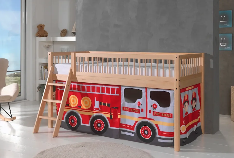 FAGUS halbhohes Bett 90 x 200 cm, inkl. Lattenrost, mit Textilset "FIRE RESCUE", Ausf. Buche massiv natur