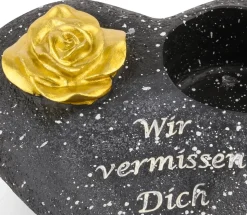 Grabschmuck Herz Schwarz mit Rose Spruch Wir vermissen Dich Grabdeko Grabherz Wetterfest Grabdekoration Gedenkstein Teelichthalter Trauerstein
