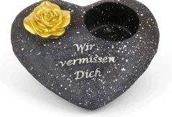 Grabschmuck Herz Schwarz mit Rose Spruch Wir vermissen Dich Grabdeko Grabherz Wetterfest Grabdekoration Gedenkstein Teelichthalter Trauerstein