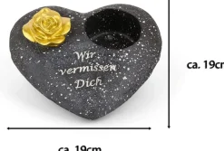 Grabschmuck Herz Schwarz mit Rose Spruch Wir vermissen Dich Grabdeko Grabherz Wetterfest Grabdekoration Gedenkstein Teelichthalter Trauerstein