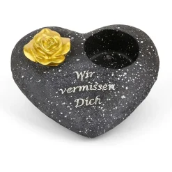Grabschmuck Herz Schwarz mit Rose Spruch Wir vermissen Dich Grabdeko Grabherz Wetterfest Grabdekoration Gedenkstein Teelichthalter Trauerstein