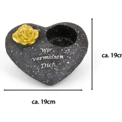 Grabschmuck Herz Schwarz mit Rose Spruch Wir vermissen Dich Grabdeko Grabherz Wetterfest Grabdekoration Gedenkstein Teelichthalter Trauerstein