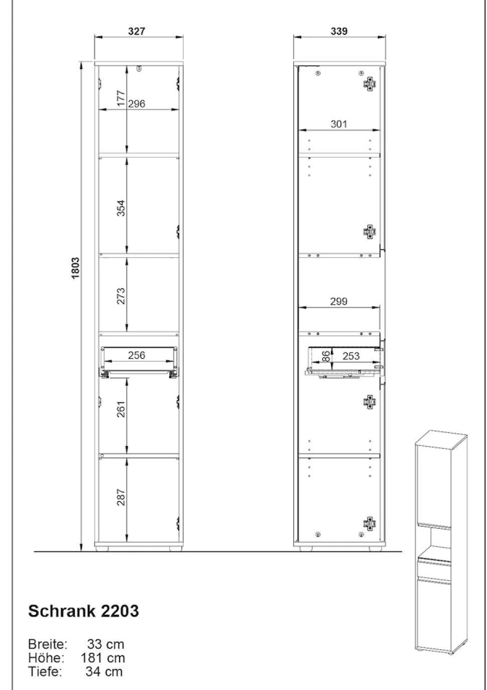 Hochschrank HAMBURG Soft-Close Modern 33x181x34 cm Steingrau