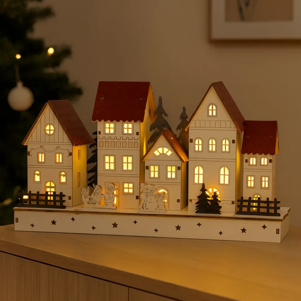HTI-Living Weihnachtshäuser mit spielenden Kindern LED Winterdeko
