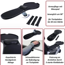2in1 Armauflage mit Mauspad MCW-N76, Tisch-/Armlehnen-Mousepad Gelenkstütze Handgelenkkissen ergonomisch 90° verstellbar