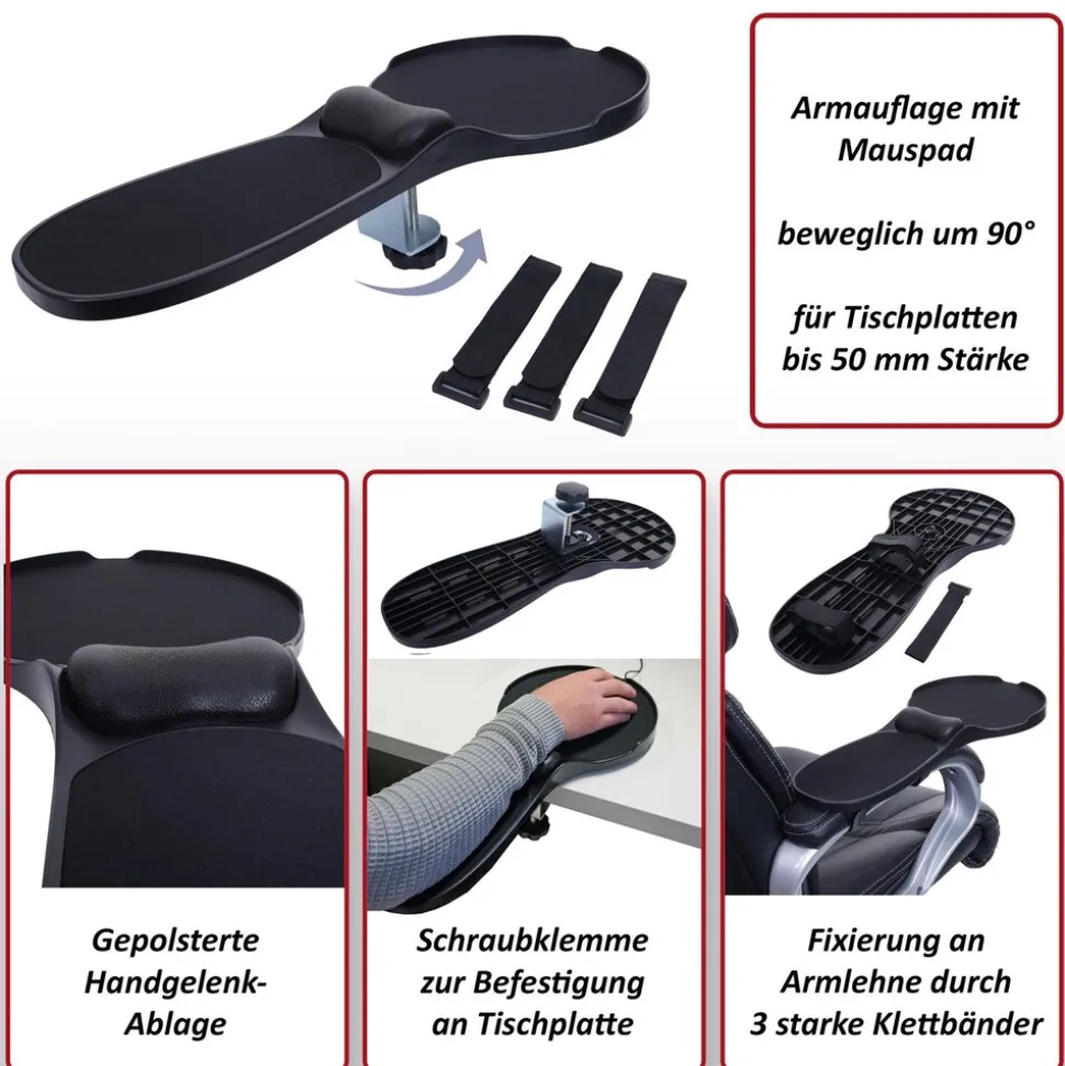 2in1 Armauflage mit Mauspad MCW-N76, Tisch-/Armlehnen-Mousepad Gelenkstütze Handgelenkkissen ergonomisch 90° verstellbar