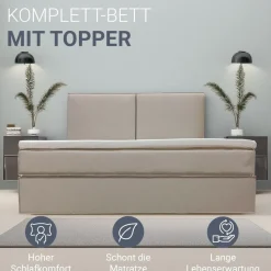 Juskys Boxspringbett Detroit 180x200 cm - Chenille Stoff & inklusive Topper - Beige