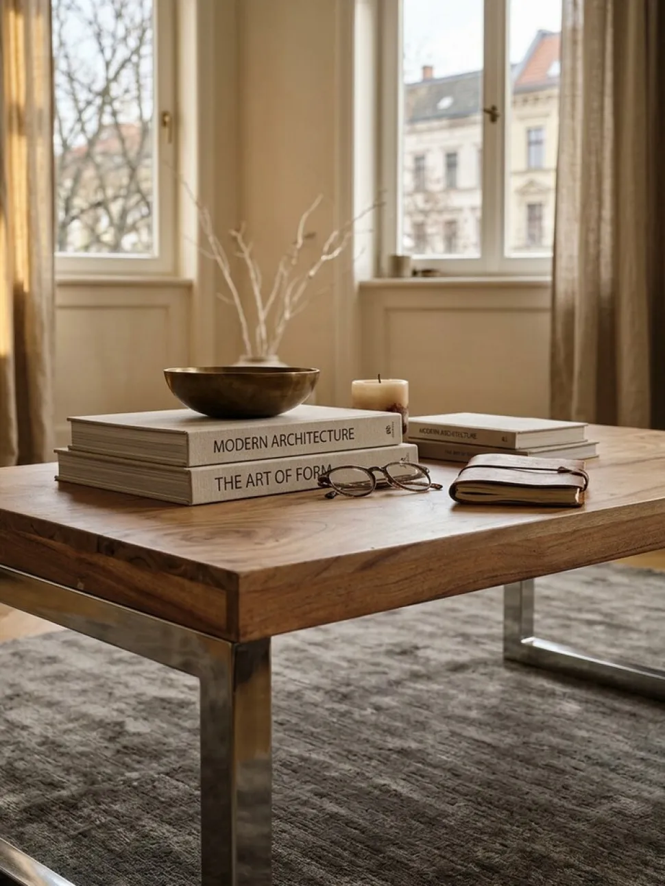 KADIMA DESIGN Couchtisch ISEN: Massivholz, Chromfüße, 120x40x60 cm, handgefertigt, Sheesham/Akazie.