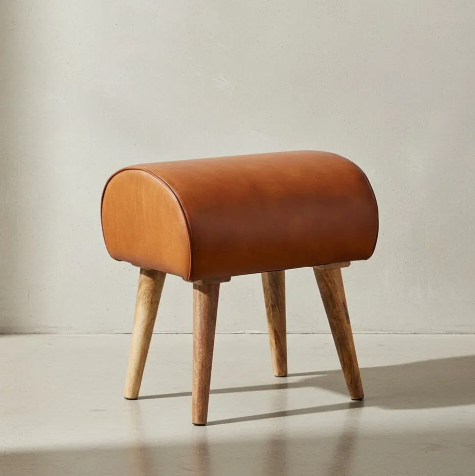KADIMA DESIGN Echtleder Sitzhocker aus Massivholz, Braun, 45x53x40 cm, 120 kg Belastbarkeit.