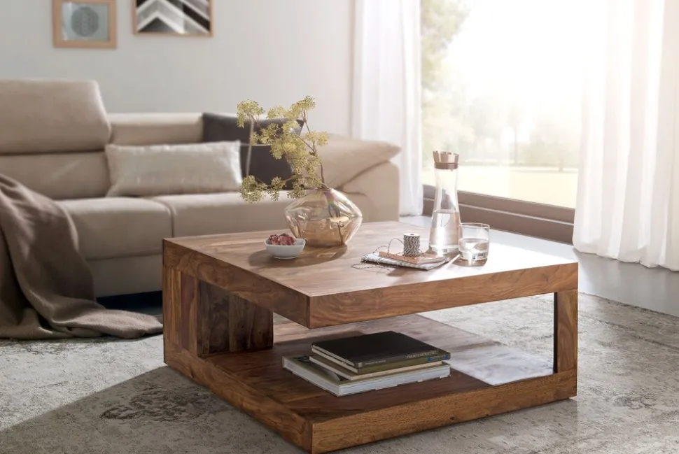KADIMA DESIGN Sheesham Wohnzimmertisch Massiv, Quadratisch, 90x90 cm, Einzigartiges Unikat