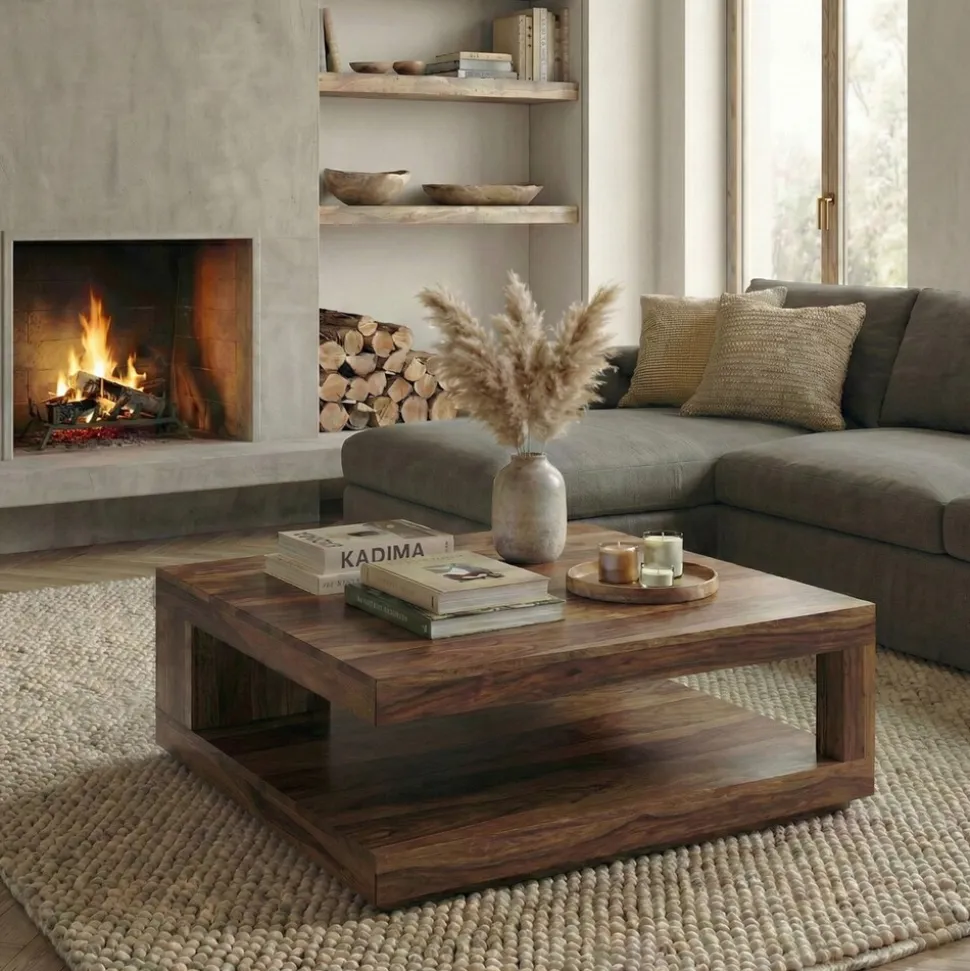KADIMA DESIGN Sheesham Wohnzimmertisch Massiv, Quadratisch, 90x90 cm, Einzigartiges Unikat