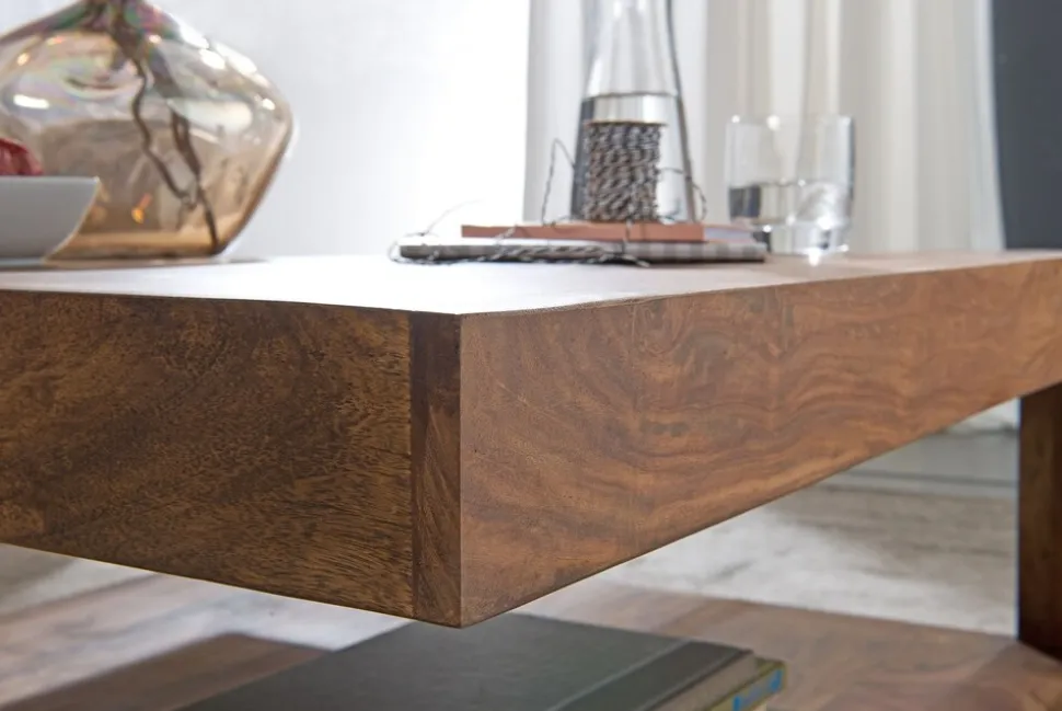 KADIMA DESIGN Sheesham Wohnzimmertisch Massiv, Quadratisch, 90x90 cm, Einzigartiges Unikat