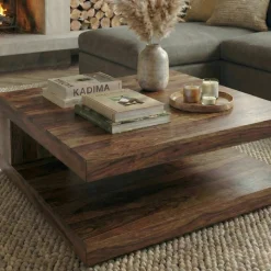 KADIMA DESIGN Sheesham Wohnzimmertisch Massiv, Quadratisch, 90x90 cm, Einzigartiges Unikat