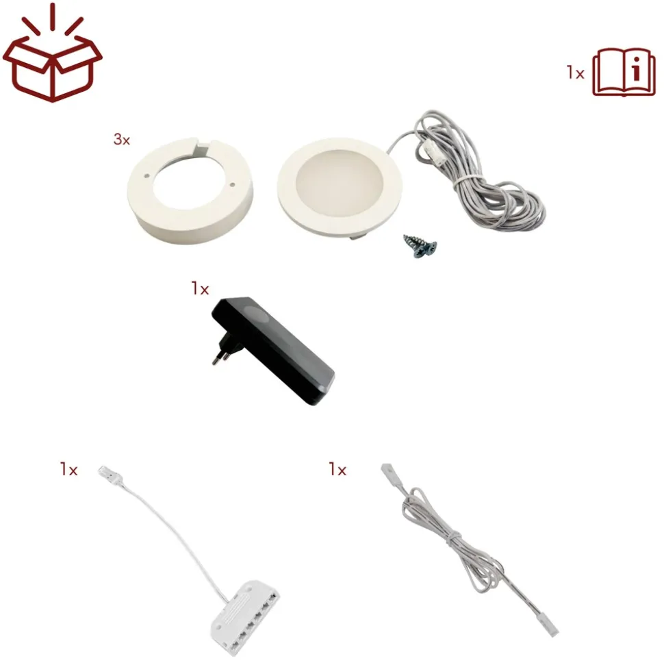 kalb | 3er Set LED Einbauspot Unterbauspot Aluminium Weiß 12VDC 3 Watt Warmweiß 6,3 cm Ø Einbaustrahler für Möbel inkl. Aufsatzring