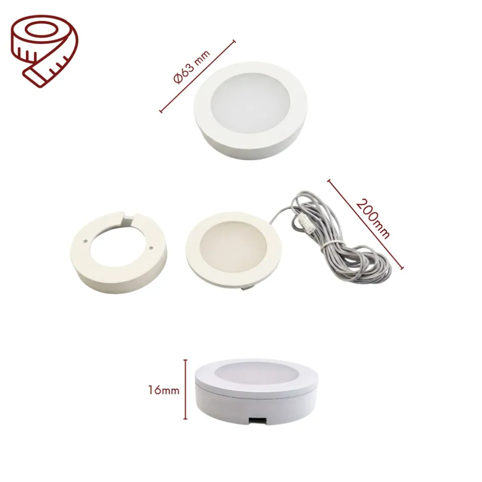 kalb | 3er Set LED Einbauspot Unterbauspot Aluminium Weiß 12VDC 3 Watt Warmweiß 6,3 cm Ø Einbaustrahler für Möbel inkl. Aufsatzring