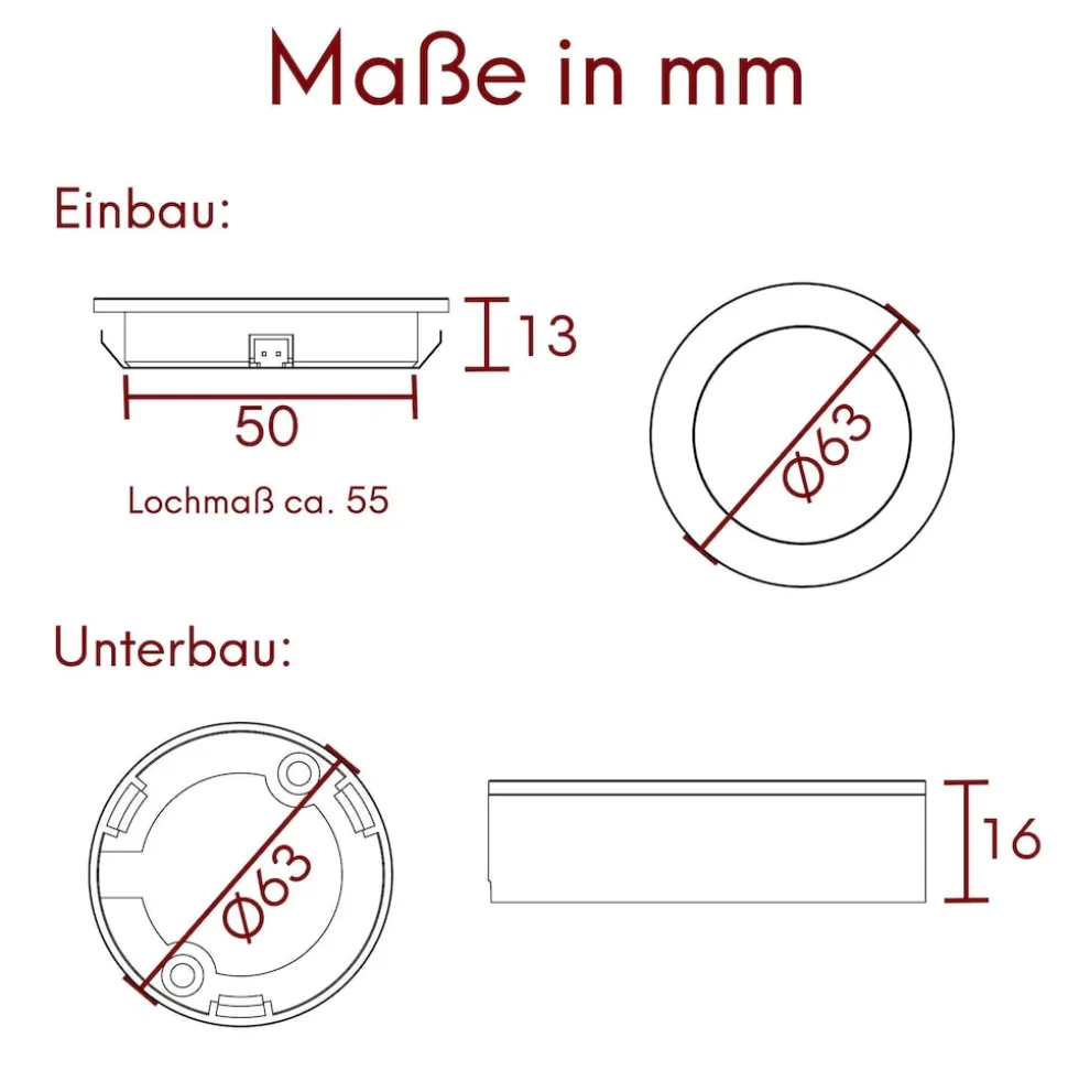 kalb | LED Einbauspot Unterbauspot Aluminium Weiß 12VDC 4 Watt Warmweiß 6,3cm Ø Einbaustrahler für Möbel inkl. Aufsatzring