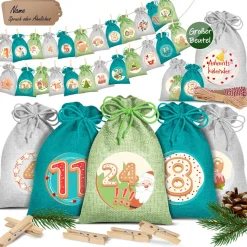 KESSER® Adventskalender zum Befüllen 24 Jutebeutel Gedruckte Stoffbeutel Kinder Weihnachtskalender zum Selber Befüllen Inkl.. 24x Schildchen + 1 Großer Aufbewahrungsbeutel Stoff