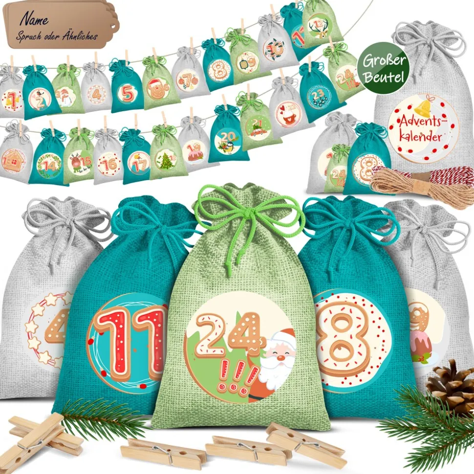 KESSER® Adventskalender zum Befüllen 24 Jutebeutel Gedruckte Stoffbeutel Kinder Weihnachtskalender zum Selber Befüllen Inkl.. 24x Schildchen + 1 Großer Aufbewahrungsbeutel Stoff