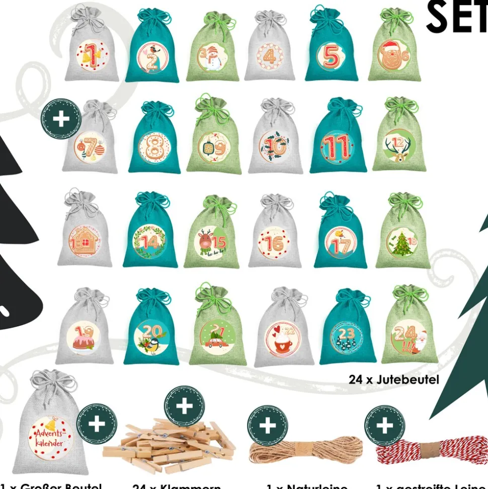 KESSER® Adventskalender zum Befüllen 24 Jutebeutel Gedruckte Stoffbeutel Kinder Weihnachtskalender zum Selber Befüllen Inkl.. 24x Schildchen + 1 Großer Aufbewahrungsbeutel Stoff