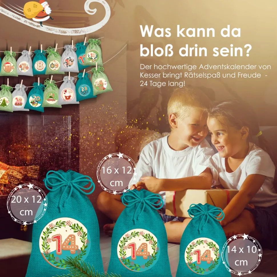 KESSER® Adventskalender zum Befüllen 24 Jutebeutel Gedruckte Stoffbeutel Kinder Weihnachtskalender zum Selber Befüllen Inkl.. 24x Schildchen + 1 Großer Aufbewahrungsbeutel Stoff