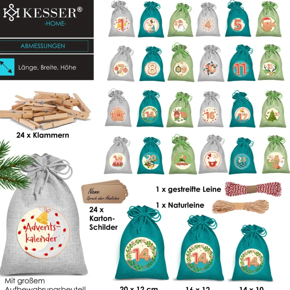 KESSER® Adventskalender zum Befüllen 24 Jutebeutel Gedruckte Stoffbeutel Kinder Weihnachtskalender zum Selber Befüllen Inkl.. 24x Schildchen + 1 Großer Aufbewahrungsbeutel Stoff