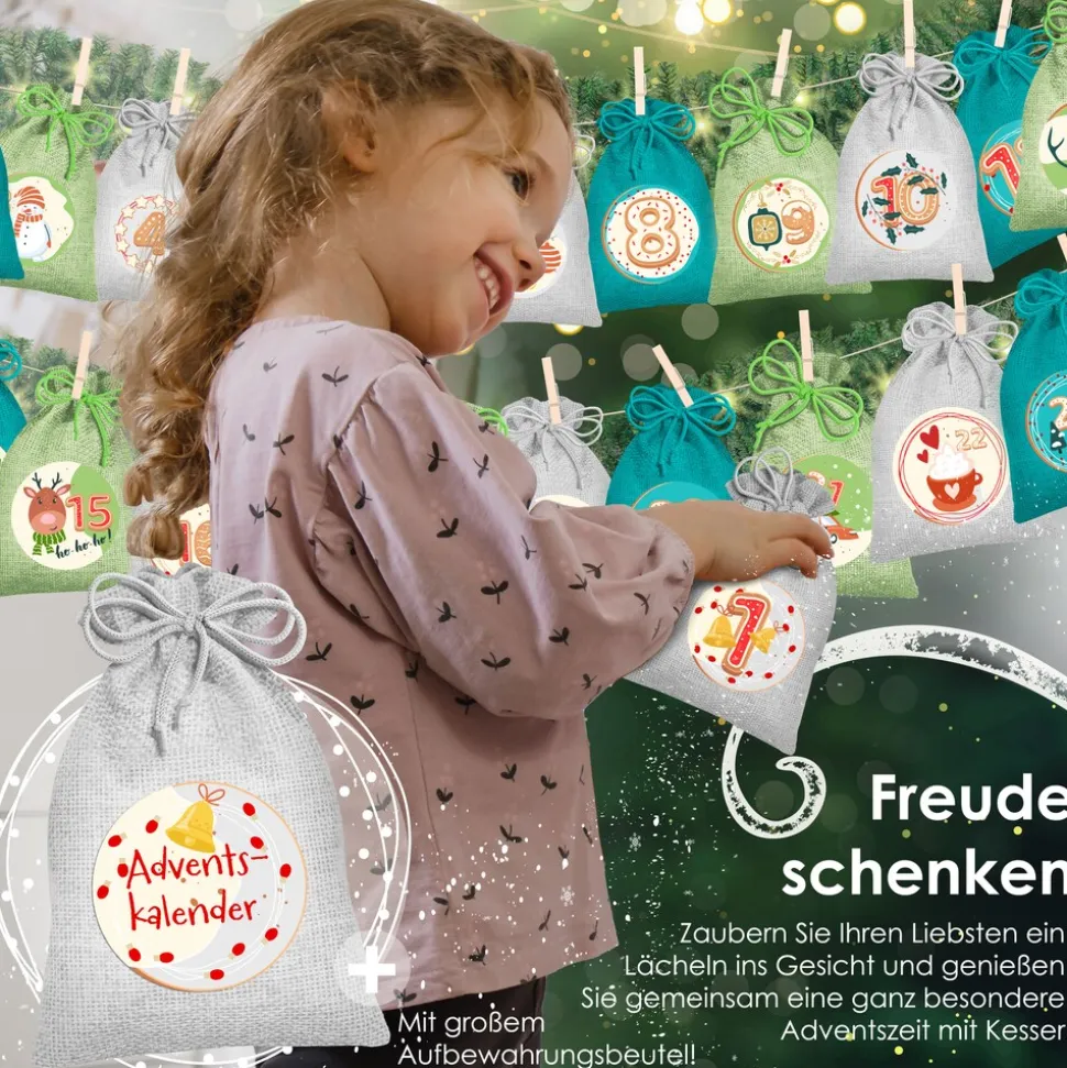 KESSER® Adventskalender zum Befüllen 24 Jutebeutel Gedruckte Stoffbeutel Kinder Weihnachtskalender zum Selber Befüllen Inkl.. 24x Schildchen + 1 Großer Aufbewahrungsbeutel Stoff