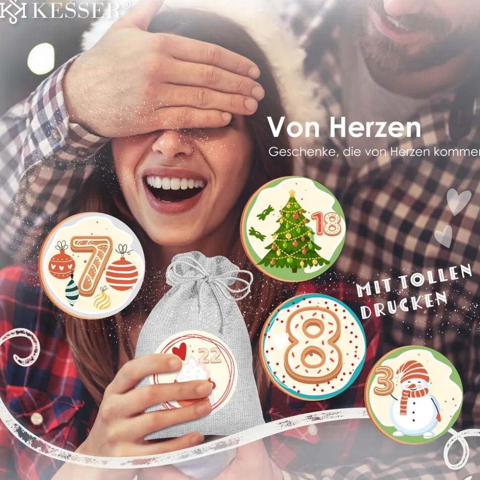 KESSER® Adventskalender zum Befüllen 24 Jutebeutel Gedruckte Stoffbeutel Kinder Weihnachtskalender zum Selber Befüllen Inkl.. 24x Schildchen + 1 Großer Aufbewahrungsbeutel Stoff
