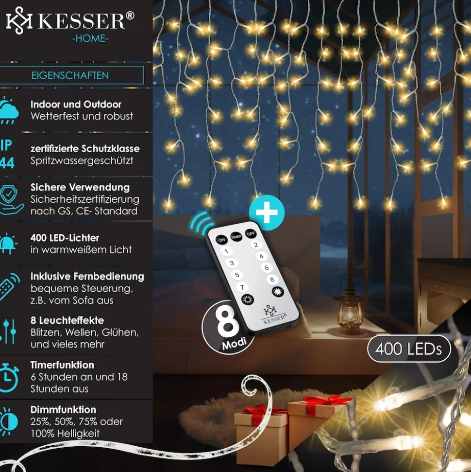 KESSER® LED Lichterkette inkl. Fernbedienung mit 8 Modi & Timer, Lichtervorhang mit mini LED´s