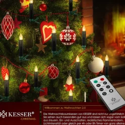 KESSER® Weihnachtsbaumkerzen 20 LED Inkl. Batterien Kabellos - Warmweiß - mit Fernbedienung Funk - Timerfunktion - Flackern - Dimmbar Weihnachtskerzen Christbaumkerzen Befestigungsklammern Kerzen
