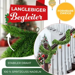 KESSER® Weihnachtsgirlande | Naturgetreues Tannengrün - wie echt - IP 44 Outdoor & Indoor Girlande - Treppen, Tür, Balkon, Weihnachtsdeko + Tasche - Dunkelgrün