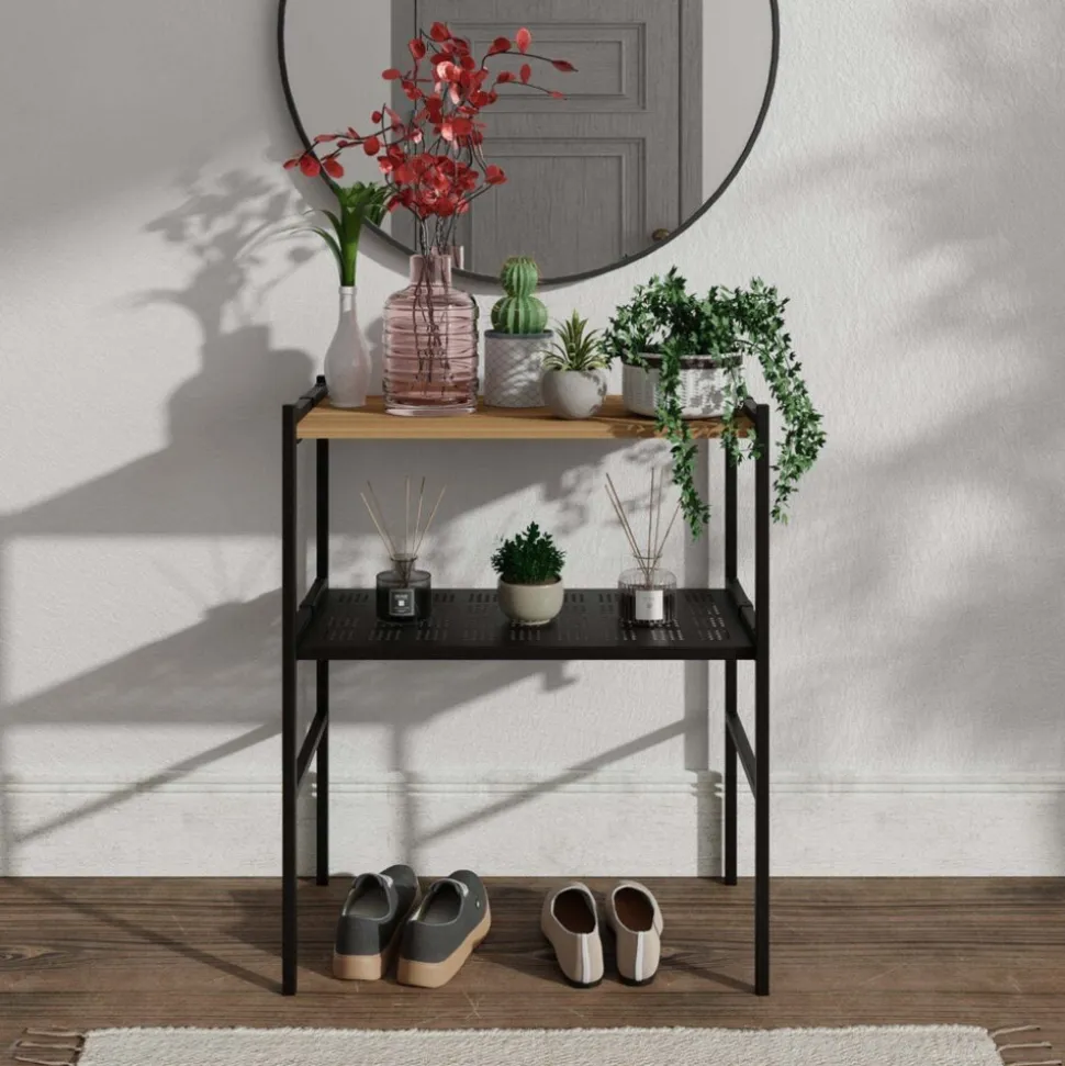 Letti Moderni Blumentreppe – rechteckig – LEVIRA – Metall/Holz – Schwarz/Walnuss – 60×32×73cm