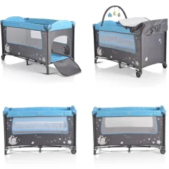 Moni Reisebett Sleepy Rollen, Wickelauflage, Matratze, Spielbogen, Seiteneingang grau-blau