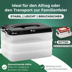 Novaliv Kuchen-Transportbox mit einer Etage und Deckel und Einlage (Rechteckig 40 x 30 cm) Aufbewahrungsbox mit Sicherheitsverschluss Party-Box Container Tortentransportbox Tortenbehälter