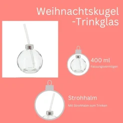 Novaliv 12x Tassen Glühwein 400 ml Personalisierte Weihnachtstasse mit Trinkhalm - Weihnachtskugel als Glühweinbecher - Christbaumkugel Motiv Tasse Tannenbaum Kugel Weihnachtstassen Handwärmer Mugs