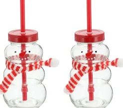 Novaliv 2X Tassen Glühwein 260 ml Personalisierte Weihnachtstasse mit Trinkhalm - Schneemann als Glühweinbecher - Weihnachts Motiv Tasse mit Deckel und Strohhalm Weihnachtstassen Handwärmer Mugs