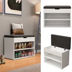 Oskar-Store Schuhbank Titus Weiß, 60 x 45 cm, Schuhregal mit Sitz, Klappdeckel, Fächer