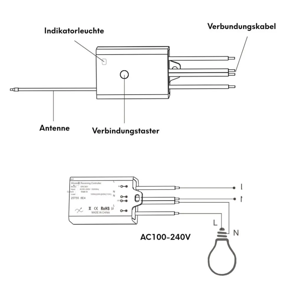 Schalter und Empfänger Funkschalter SET für LED Beleuchtung 230V Montage an der Wand Taster Drahtlos Kinetisch Batterielos