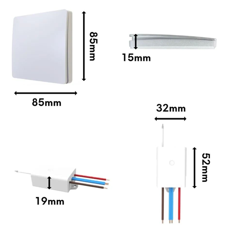 Schalter und Empfänger Funkschalter SET für LED Beleuchtung 230V Montage an der Wand Taster Drahtlos Kinetisch Batterielos