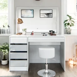 Schminktisch Sherry weiß hochglanz Frisiertisch LED Spiegel 5 Schubladen Kommode Hocker Vicco
