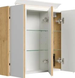 Spiegelschrank 70cm inkl. Design LED-Lampe und Glasböden weiss hochglanz