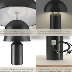 tectake® Akku-Tischlampe, Retro-Pilzdesign im 70er-Jahre-Stil, indirektes Licht, Touchschalter, inkl. Ladekabel, 25 x 34 cm