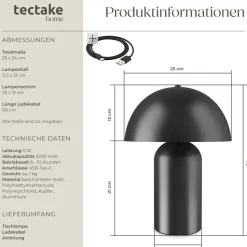 tectake® Akku-Tischlampe, Retro-Pilzdesign im 70er-Jahre-Stil, indirektes Licht, Touchschalter, inkl. Ladekabel, 25 x 34 cm